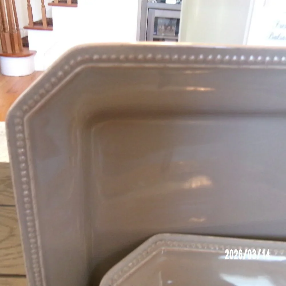 Set Of 2 Sur La Table TAN Pearl Beaded Rim Square Dinner Plates 10” Portugal